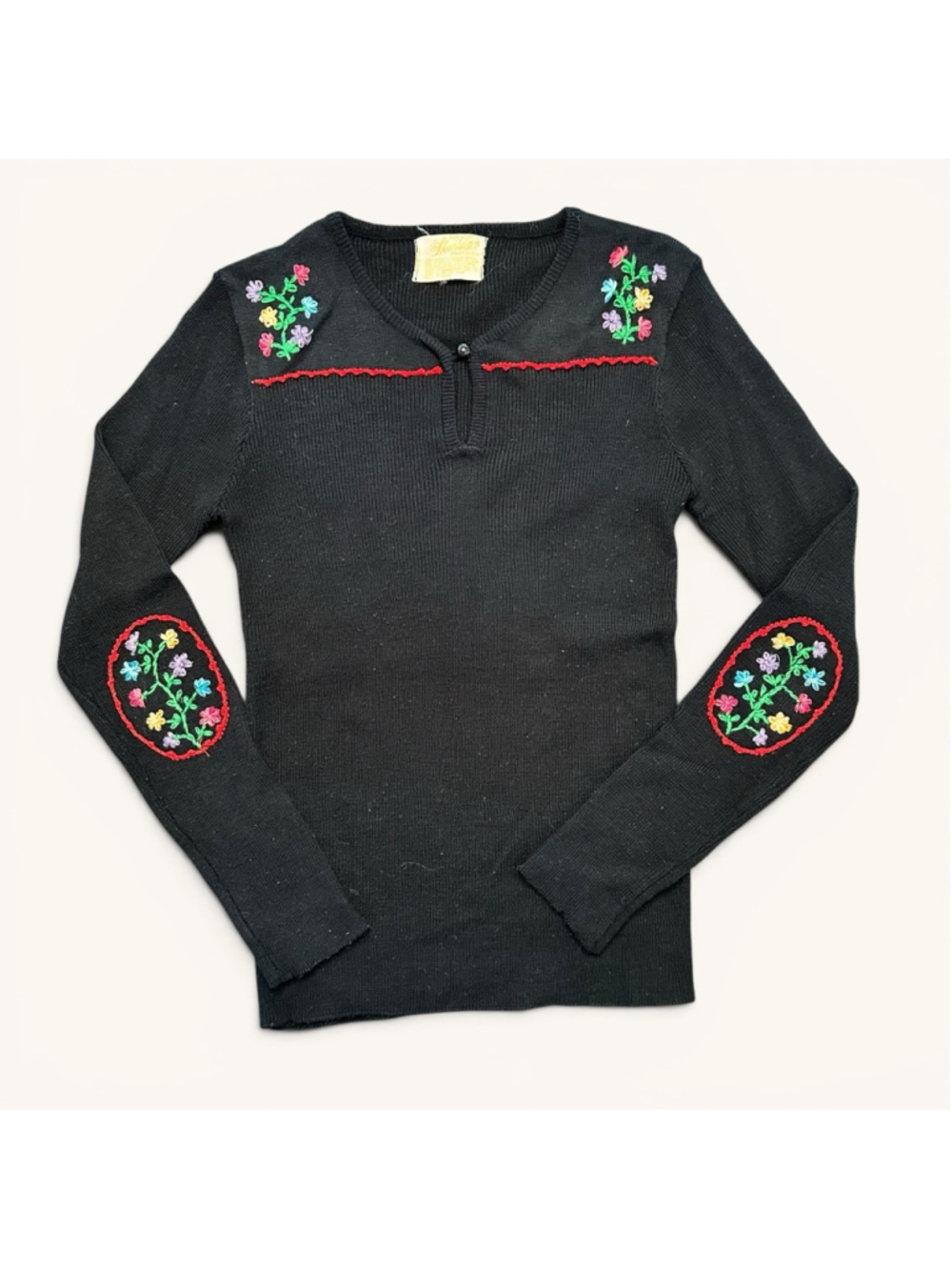 Vintage Embroidered Floral Sweater Cottagecore Folk Boho Knit Top